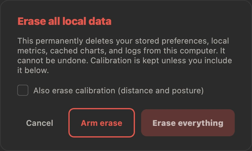 ScreenGuardian's Erase all local data dialog: it permanently deletes stored preferences, local metrics, cached charts and logs from this computer and cannot be undone, with an Arm erase step before Erase everything.